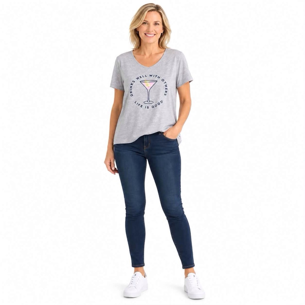 Life Is Good Womens Top Size Small Drinks Well With Others Martini Gray T Shirt